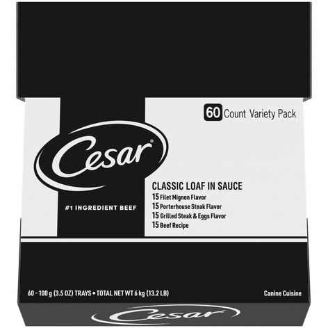 Classic Loaf in Sauce CESAR Classic Soft Wet Dog Food Loaf in Sauce Bulk Variety Pack, Filet Mignon Flavor, Porterhouse Steak Flavor, Grilled Steak & Eggs Flavor, and Beef Recipe image 1