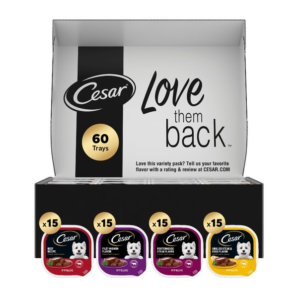 Classic Loaf in Sauce CESAR Classic Soft Wet Dog Food Loaf in Sauce Bulk Variety Pack, Filet Mignon Flavor, Porterhouse Steak Flavor, Grilled Steak & Eggs Flavor, and Beef Recipe image 1