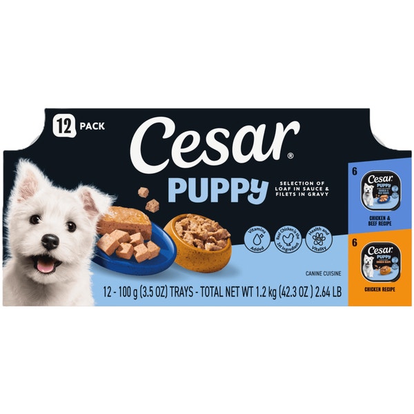 Cesar Puppy Chicken & Beef and Chicken Variety Pack Wet Dog Food, 3.5 oz Easy Peel Tray, 12 Ct. image 1