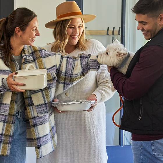 People holding and petting a West Highland White Terrier
