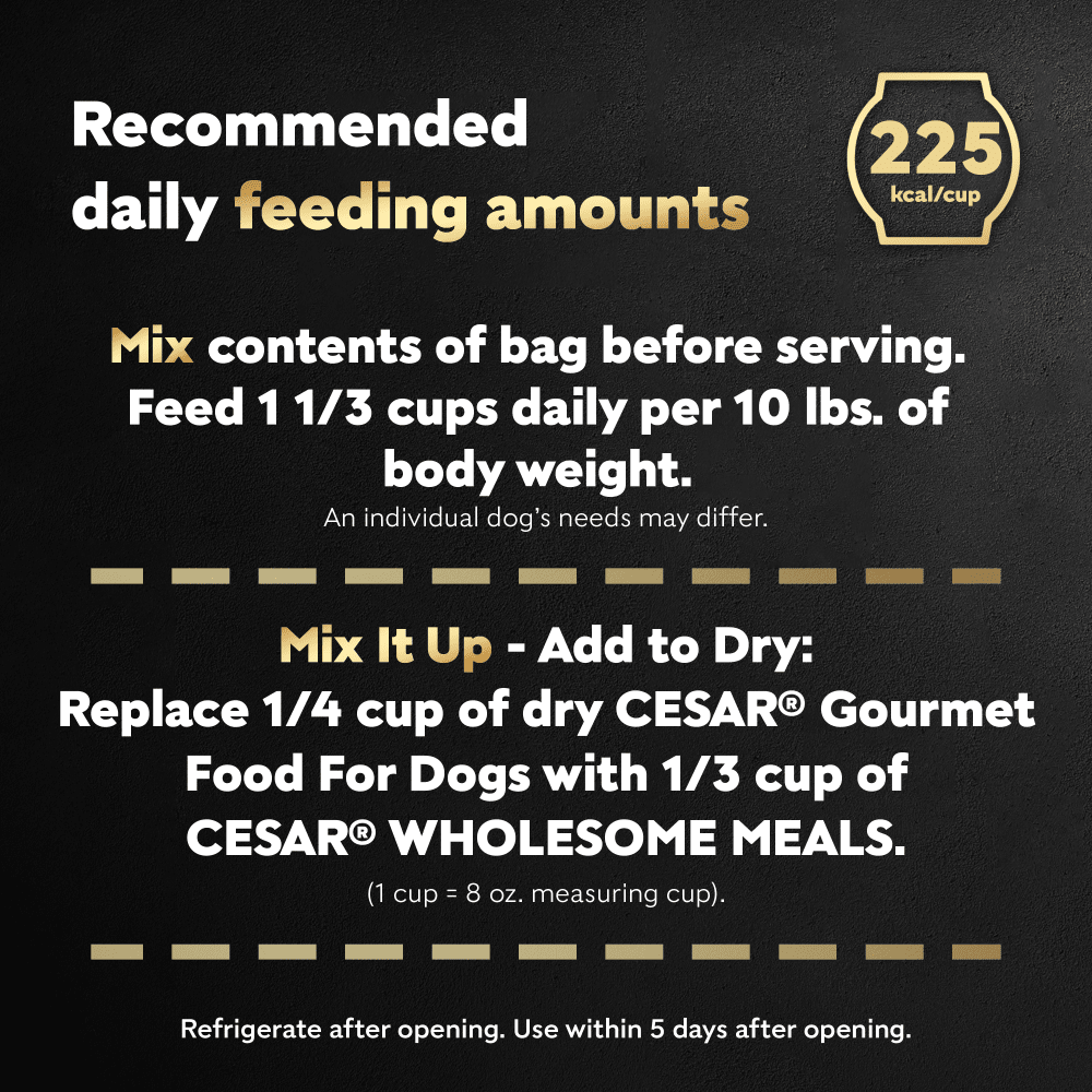 Cesar Wholesome Meals Beef, Chicken, Carrots, Barley & Green Beans Recipe feeding guidelines image